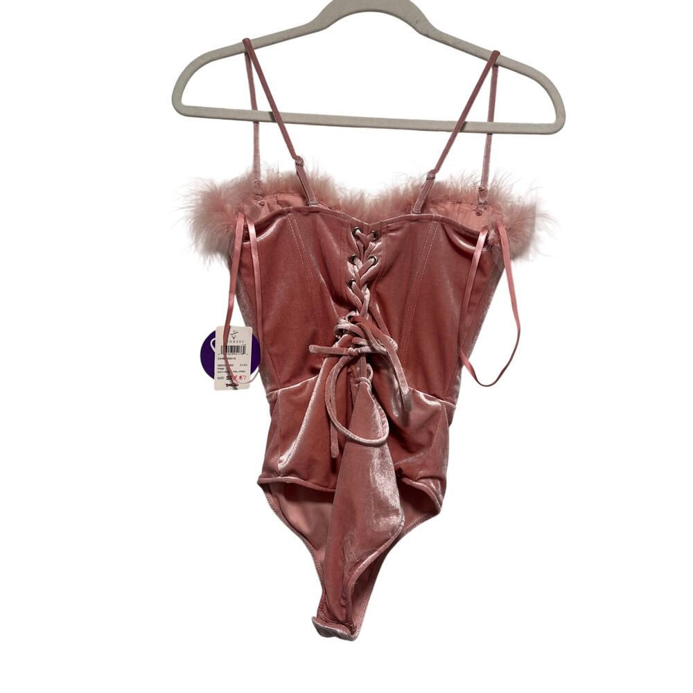 Windsor Pink Velvet Feather Trim Bodysuit Size S - Picture 4 of 7